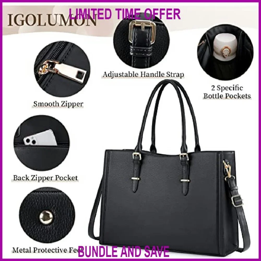 15.6 Inch Waterproof Laptop Tote Bag Leather Work Briefcase Large Capacity